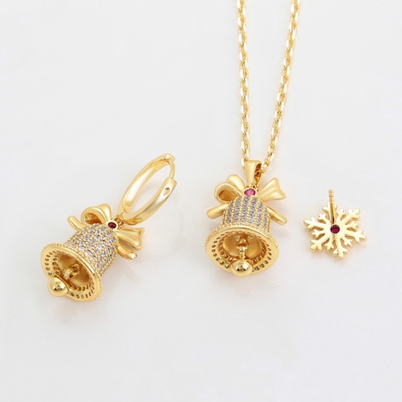 Christmas Bell Necklace and Earrings Set 14k Gold Luxury Jewelry - Picture 4 of 9